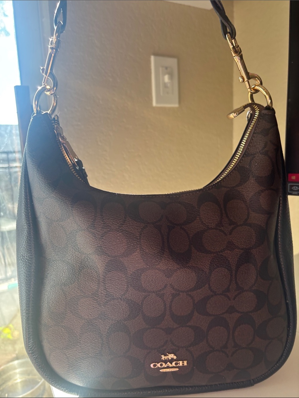 Coach Brown Signature Crescent Hobo with Gold Hardware - Coach